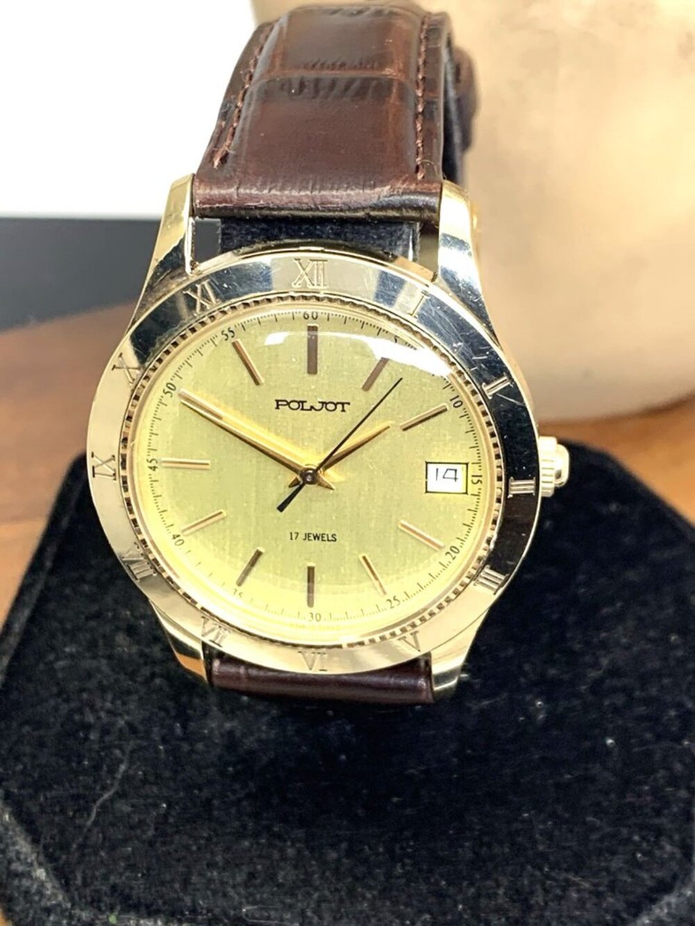 Poljot Mens Watch Vintage Russian Mechanical Gold Dial Brown Leather 38mm